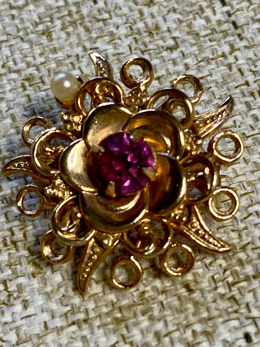 Gold-Tone Floral Pin with Pink Center Stone and Pearl Accent